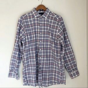 Tommy Hilfiger Men’s Red Blue Plaid Button Up Shirt, size neck 16.5”